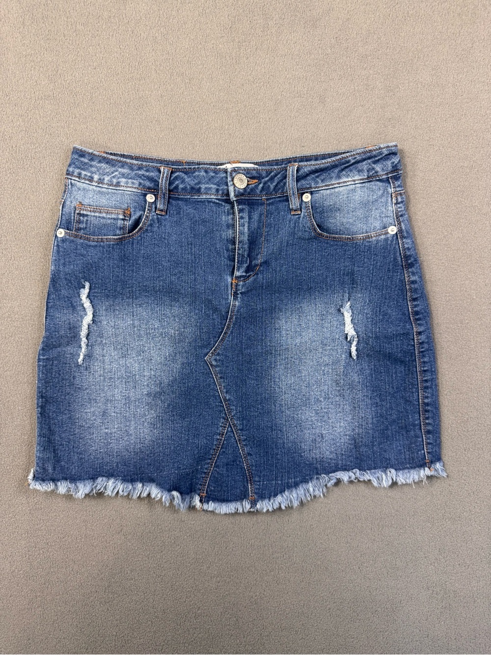 Love Tree Distressed Denim Mini Skirt in Medium Blue Wash, Medium
